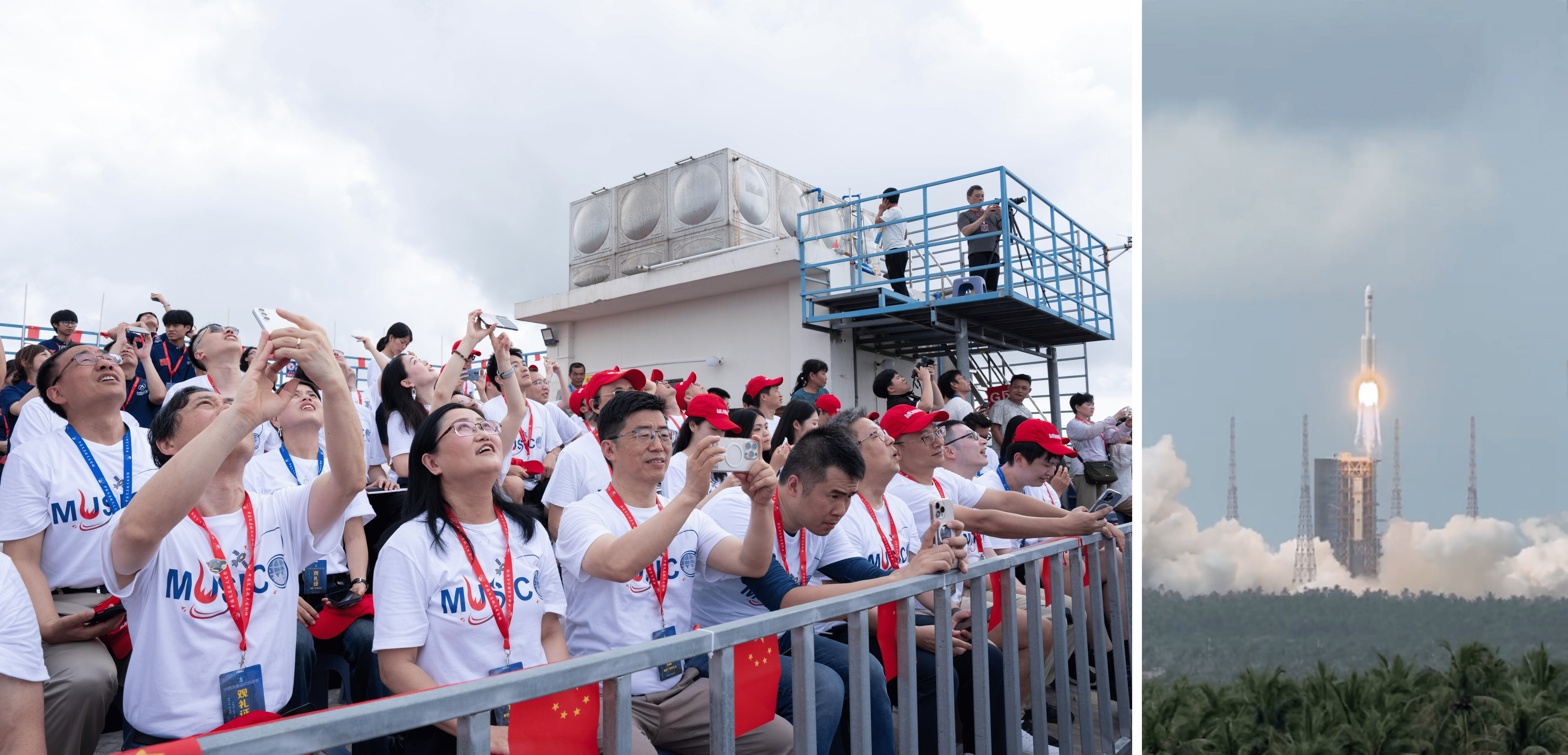 "The HKUST research team (left) witnesses the blast-off of the Long March 7 rocket (right) in Wenchang, Hainan, carrying the Tianzhou-10 cargo spacecraft."